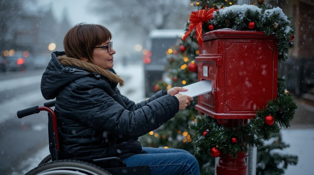 Can you find a picture of a woman wearing glasses with short hair in a wheelchair posting a letter into a letterbox It is Christmas, it is snowing.