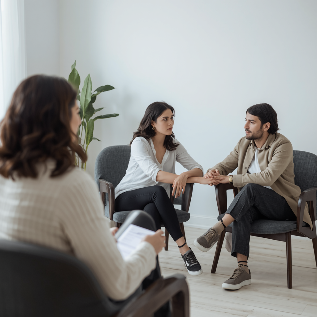 Couple talking with therapist during counselling session